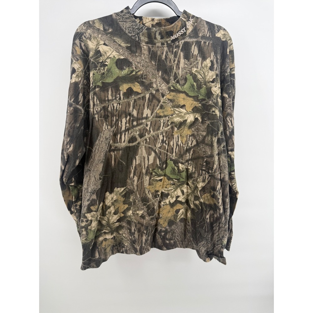 Mossy Oak Break-Up Camo Long Sleeve Mock Neck Shirt Mens Vintage Hunting Top